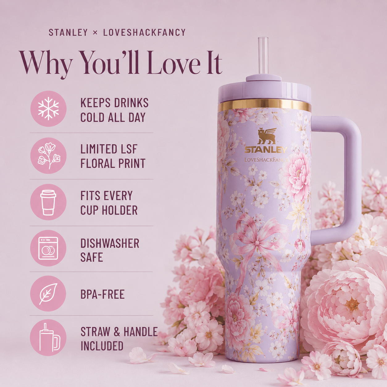 Stanley x LoveShackFancy Floral Quencher H2.0 Tumbler 40oz – Pink Lavender