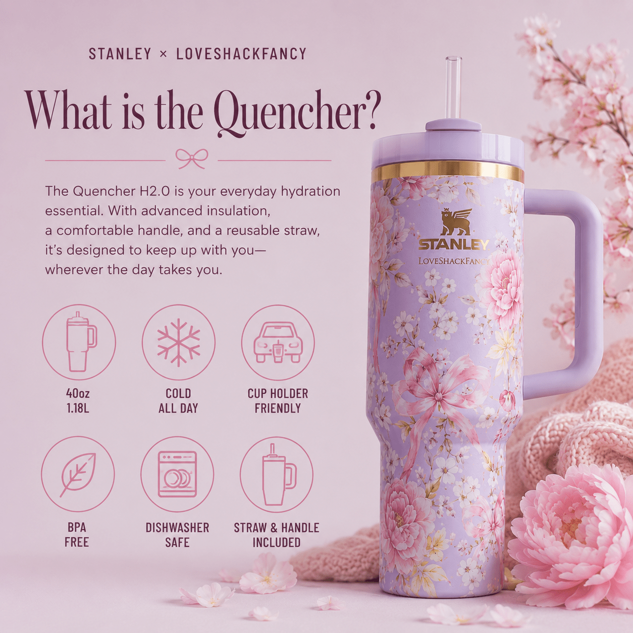 Stanley x LoveShackFancy Floral Quencher H2.0 Tumbler 40oz – Pink Lavender