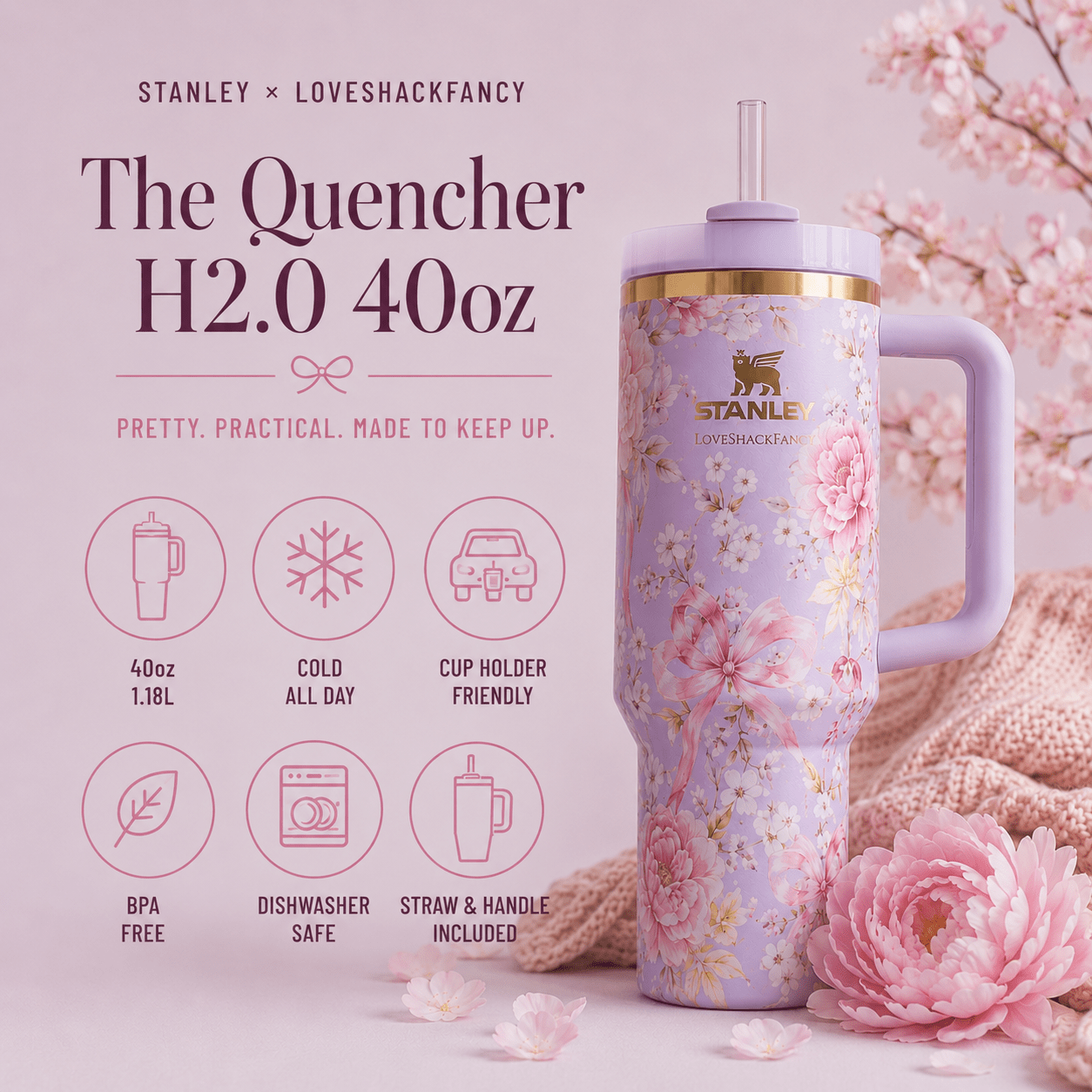 Stanley x LoveShackFancy Floral Quencher H2.0 Tumbler 40oz – Pink Lavender